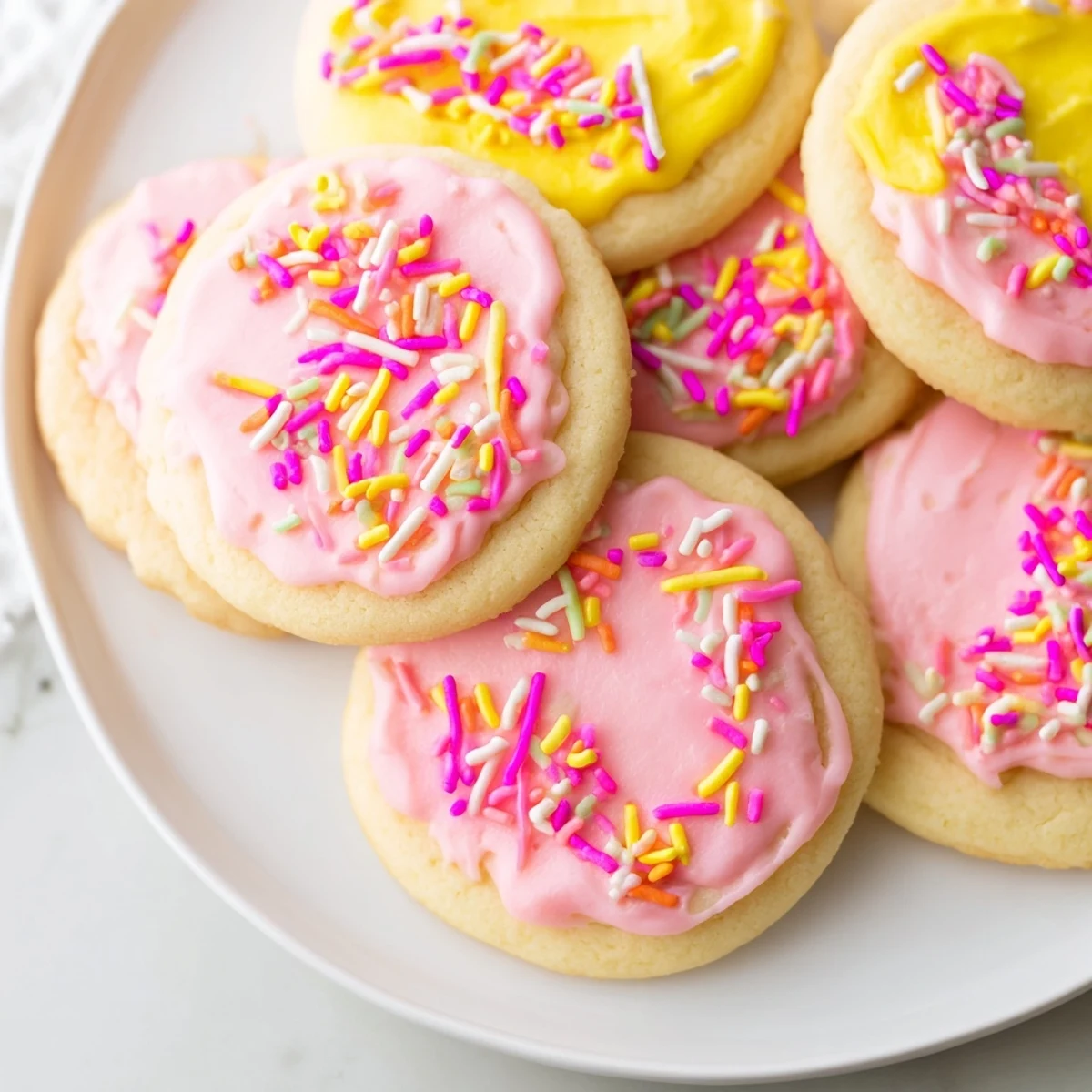 Golden buttery Easter cookies shaped like eggs and bunnies arranged on a festive spring platter