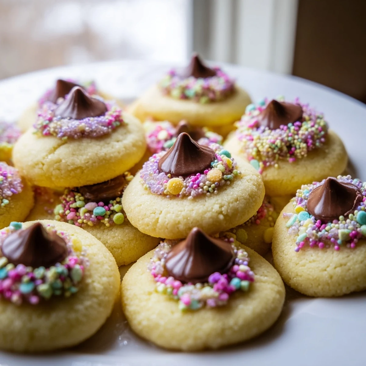 Soft Easter Blossom Cookies topped with pastel sprinkles and melty chocolate kisses on a rustic baking sheet