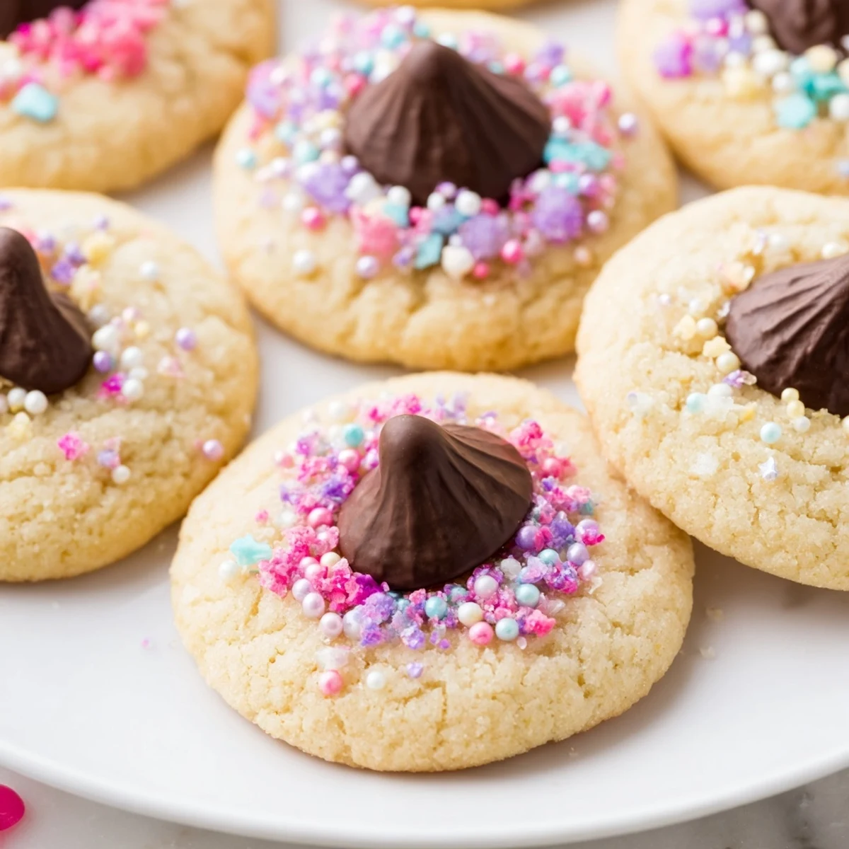 Warm Easter Blossom Cookies fresh from the oven featuring glossy chocolate kisses pressed into buttery dough