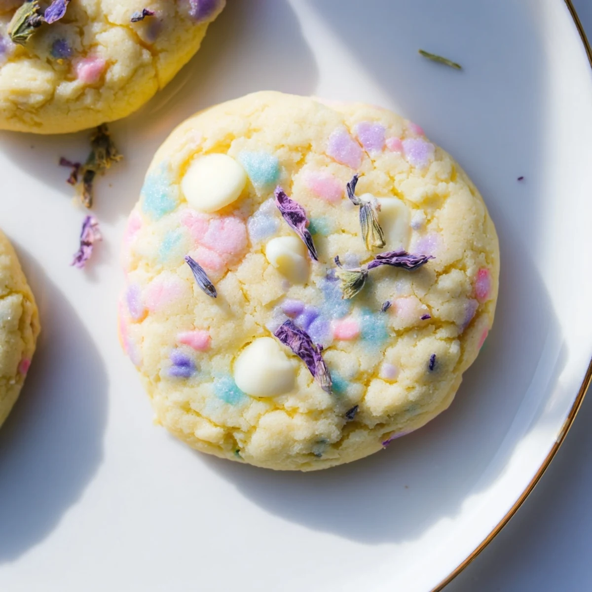 Soft Spring Blossom Cookies topped with pastel sprinkles on a rustic baking sheet