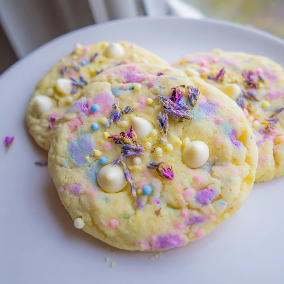 Chewy Spring Blossom Cookies drizzled with white chocolate and served alongside herbal tea