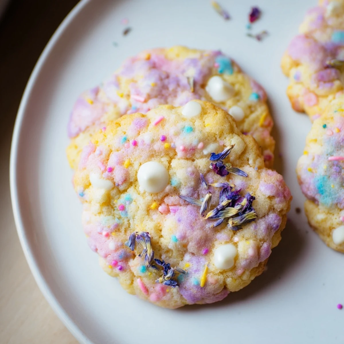Golden-edged Spring Blossom Cookies arranged on a wire cooling rack with dried petals