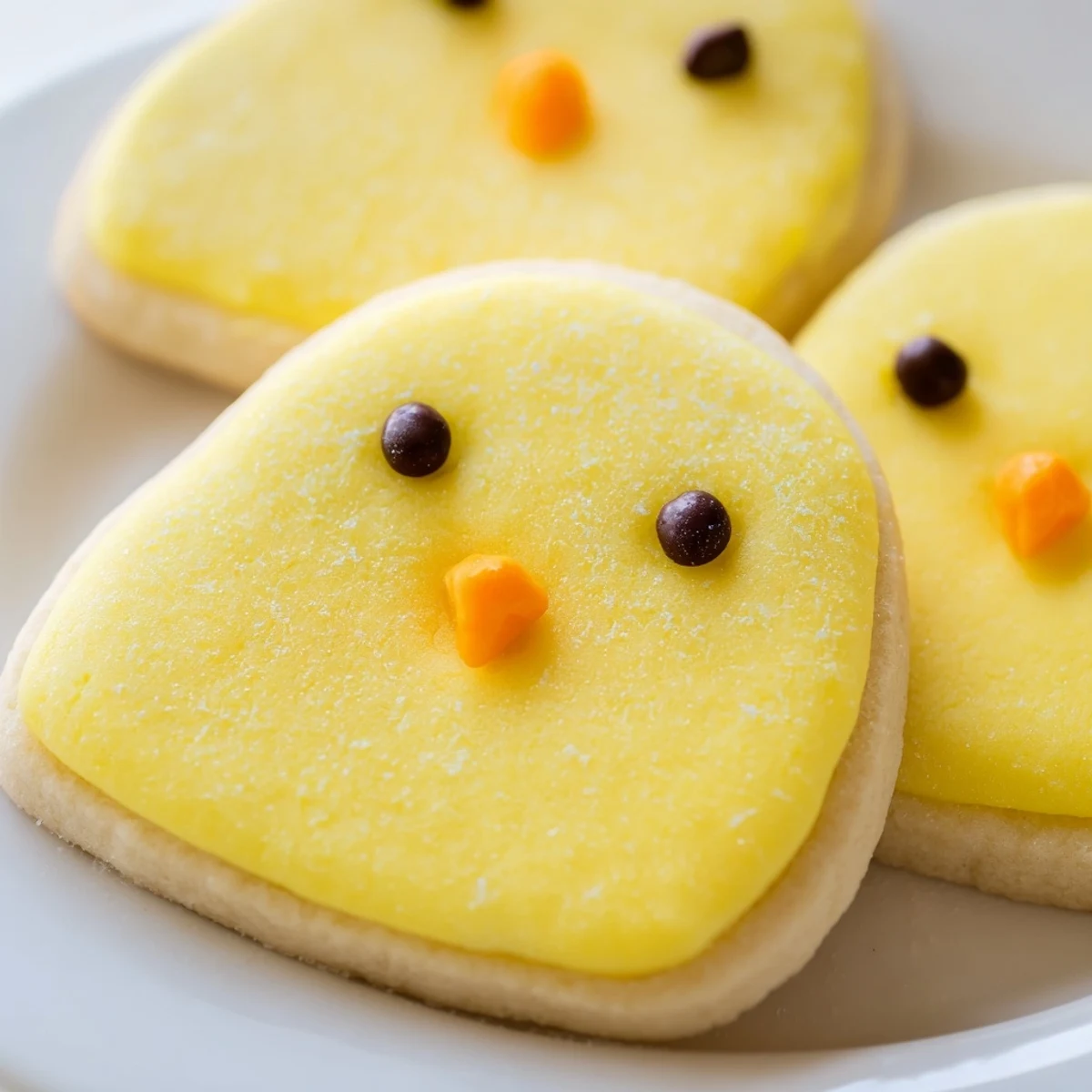 Adorable chick cookies with bright yellow frosting and cute candy faces on a rustic baking sheet