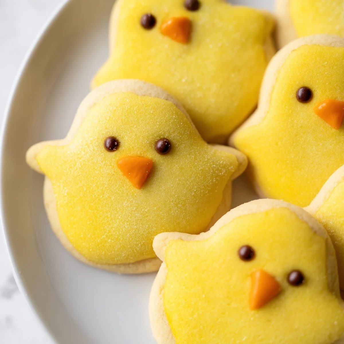 Golden chick cookies decorated with chocolate chip eyes and orange candy beaks arranged on parchment