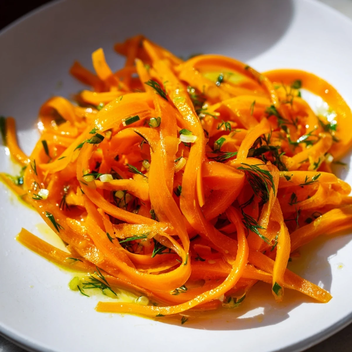 Marinated Lemon Dill Carrot Salad in a white serving bowl with fresh herb garnish
