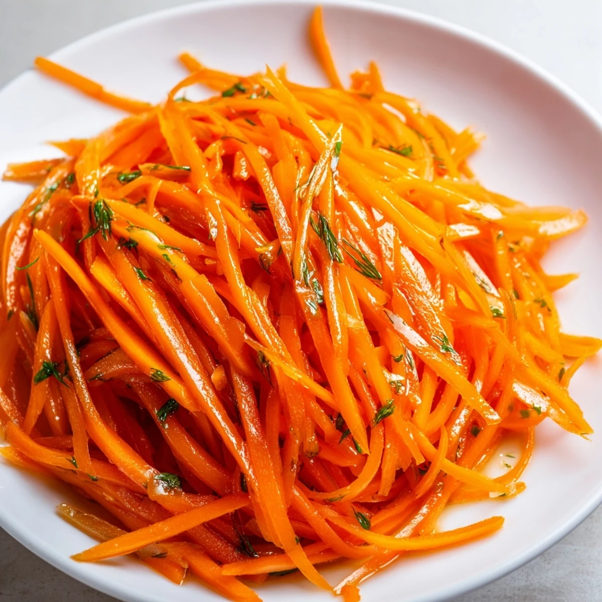 Crisp julienned carrots glistening with lemon dill vinaigrette in a rustic ceramic dish