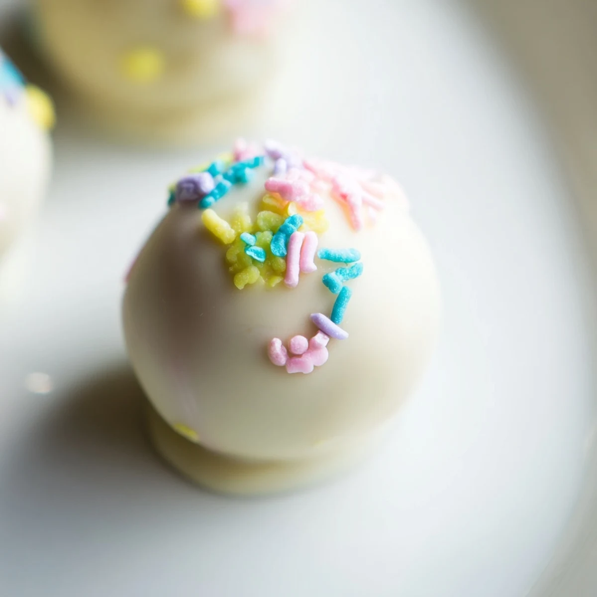 Creamy Banana Pudding Easter Truffles coated in white chocolate with colorful festive sprinkles