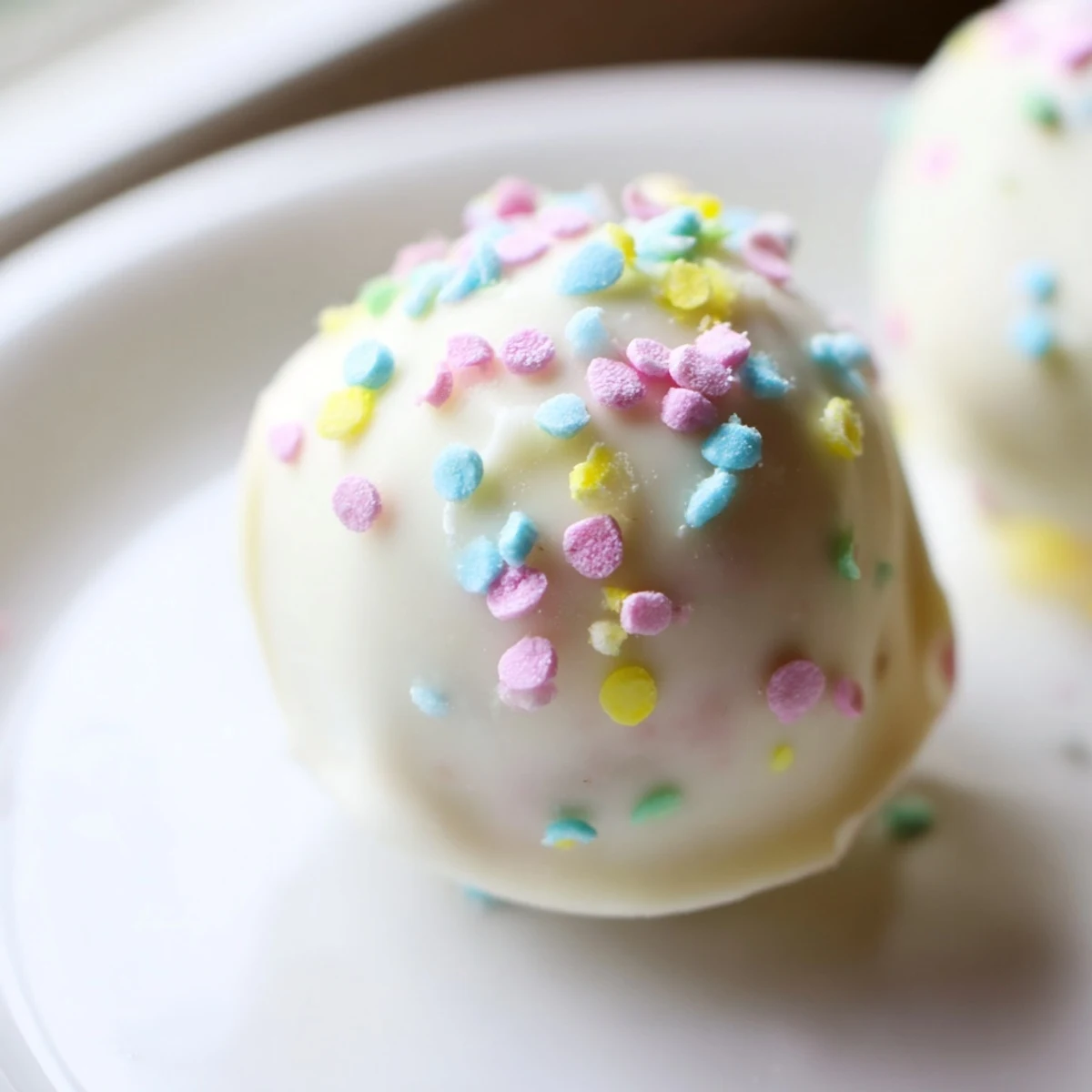 Golden vanilla wafer-studded Banana Pudding Easter Truffles arranged on a decorative serving plate
