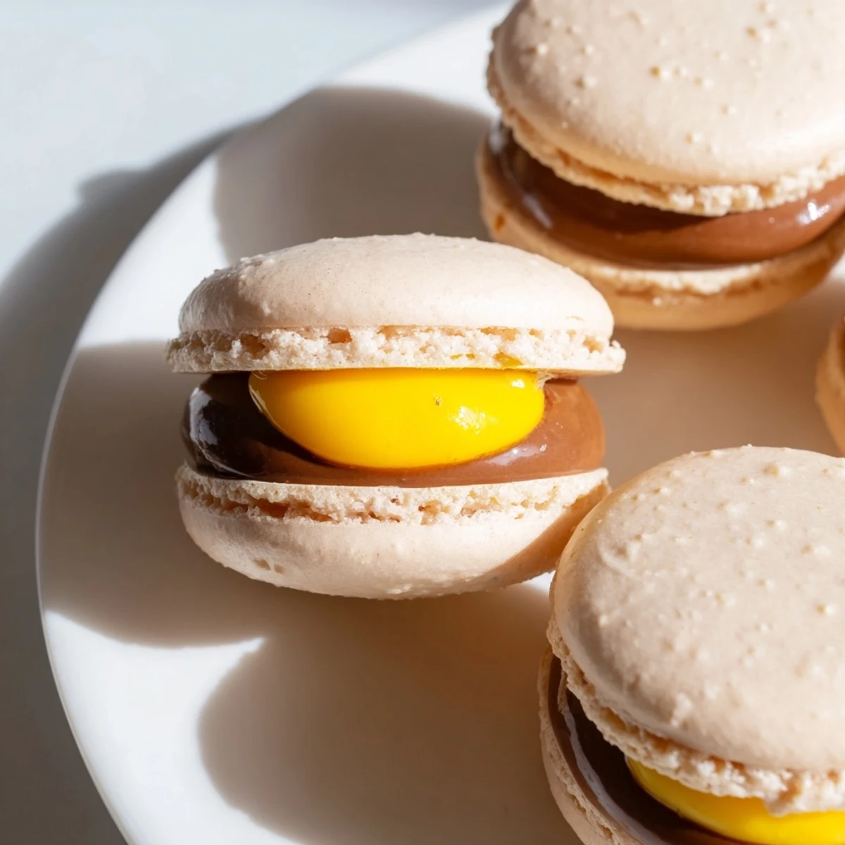 Cadbury Egg macarons with smooth chocolate ganache and golden yolk centers on a ceramic plate