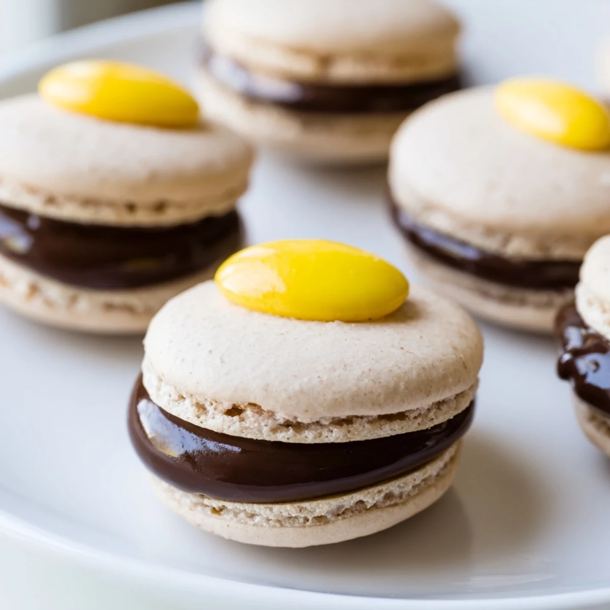 Delicate French Cadbury Egg macarons arranged on pastel linen for a festive Easter dessert spread