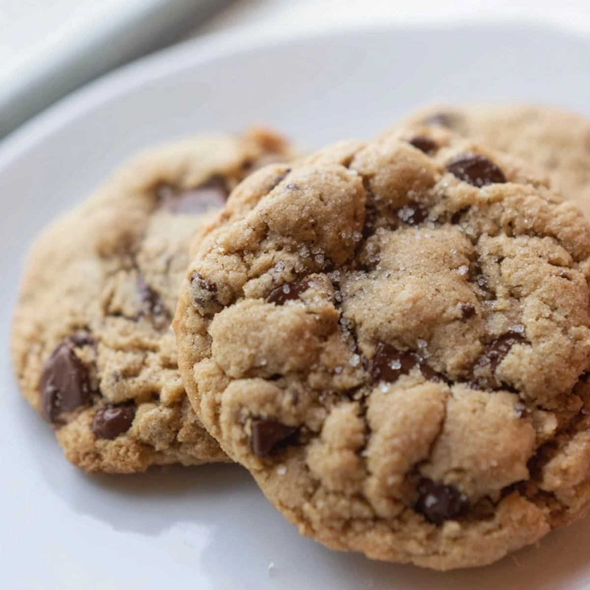 Soft nut free chocolate chip cookies with golden edges stacked on a cooling rack