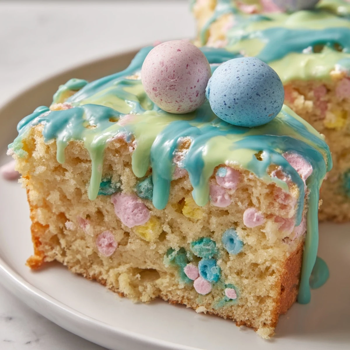 Soft robin egg snack cake with pastel glaze and colorful candy-coated chocolate eggs scattered on top