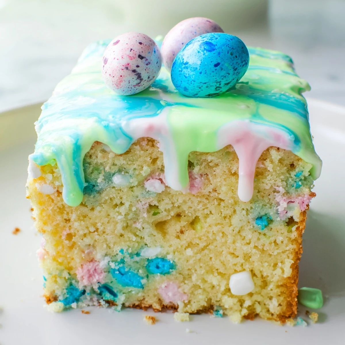 Tender vanilla robin egg snack cake sliced into squares showing speckled candy pieces inside each piece