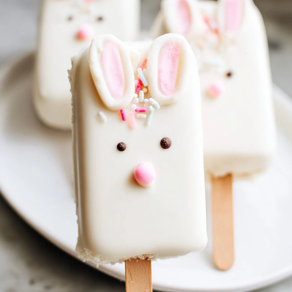Adorable white chocolate bunny cakesicles with candy eyes on a festive Easter dessert tray