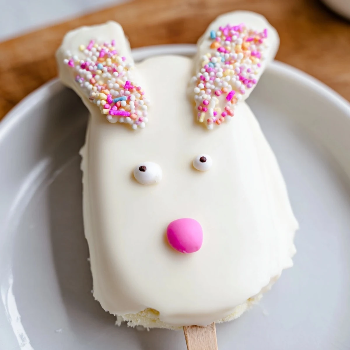 Creamy white chocolate bunny cakesicles decorated with pink ears and colorful sprinkles