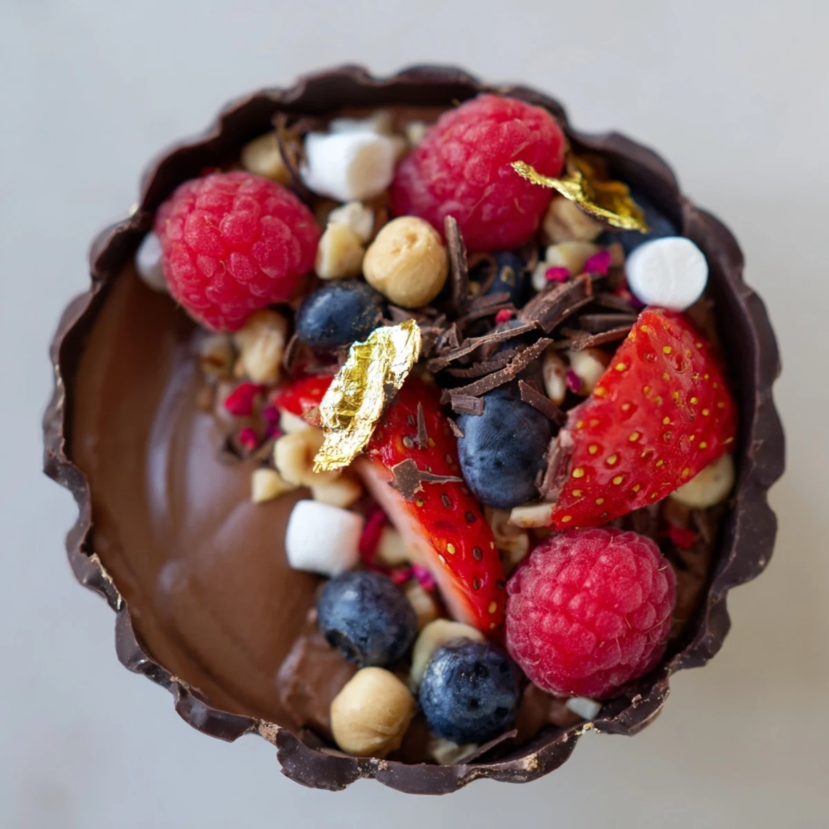 Chocolate grazing cups filled with fluffy mousse and topped with fresh berries and nuts