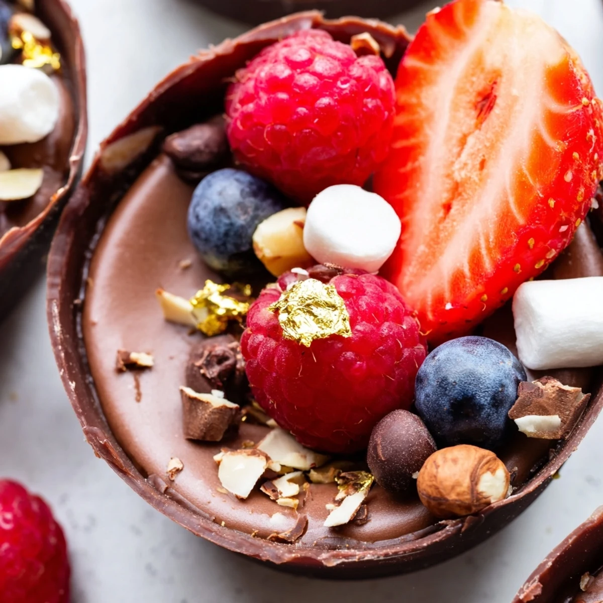 Elegant chocolate grazing cups with silky mousse, jewel-toned berries, and crunchy golden garnishes