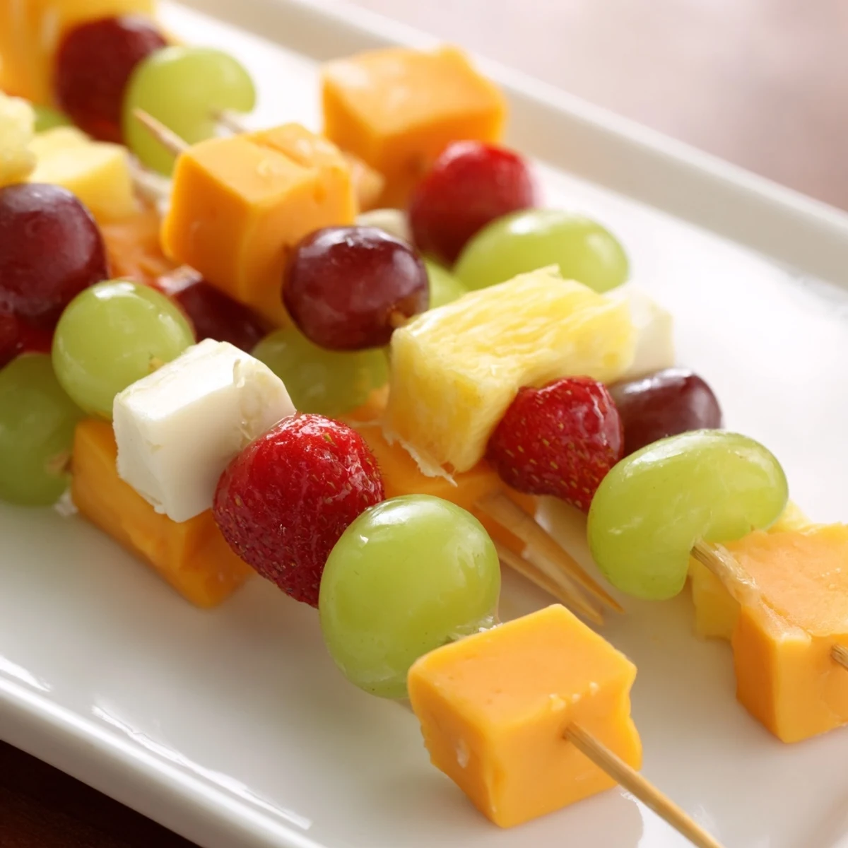 Fruit and cheese kabobs featuring red grapes pineapple strawberries and cheddar on wooden skewers