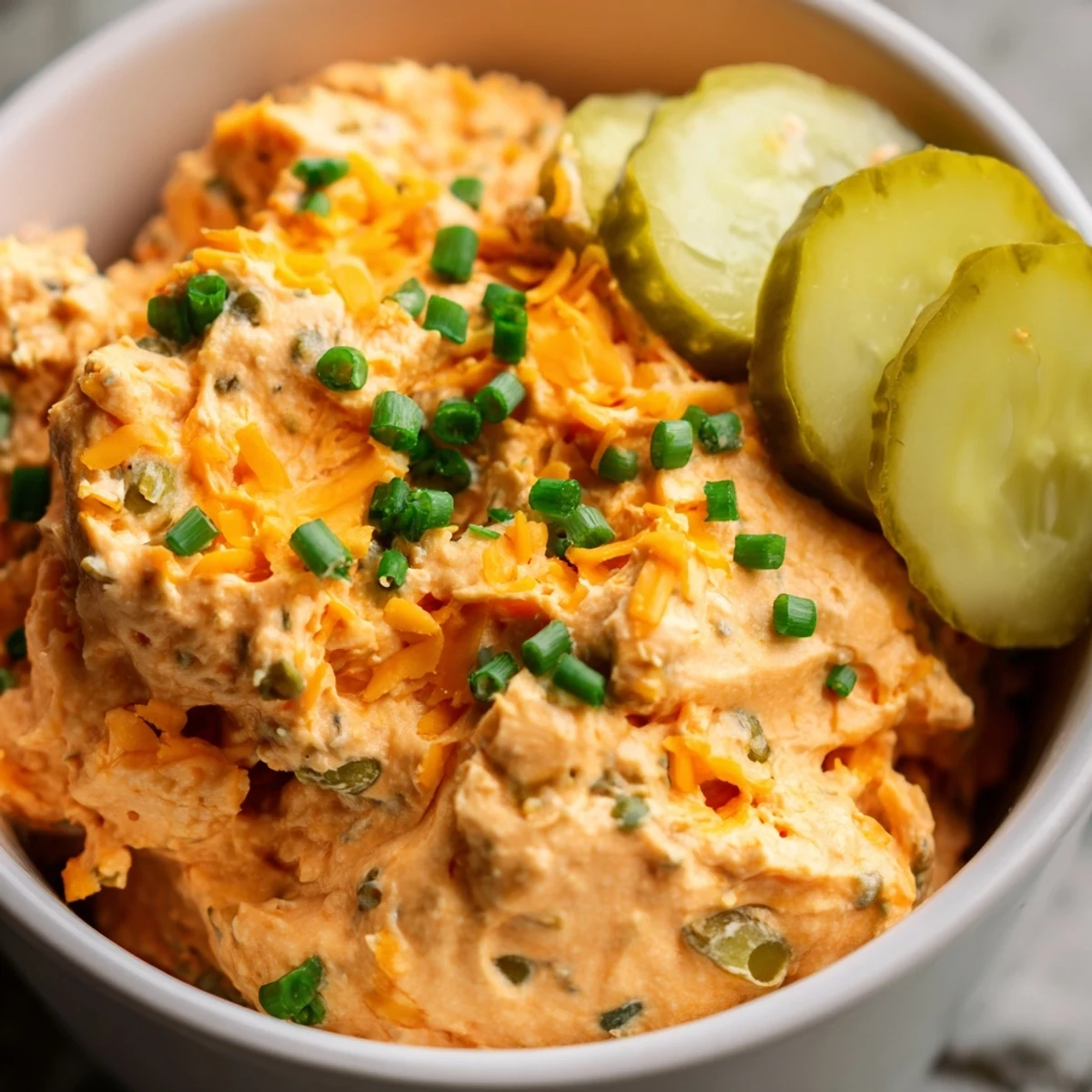 Creamy buffalo pickle dip in a serving bowl surrounded by crunchy chips and fresh veggie sticks