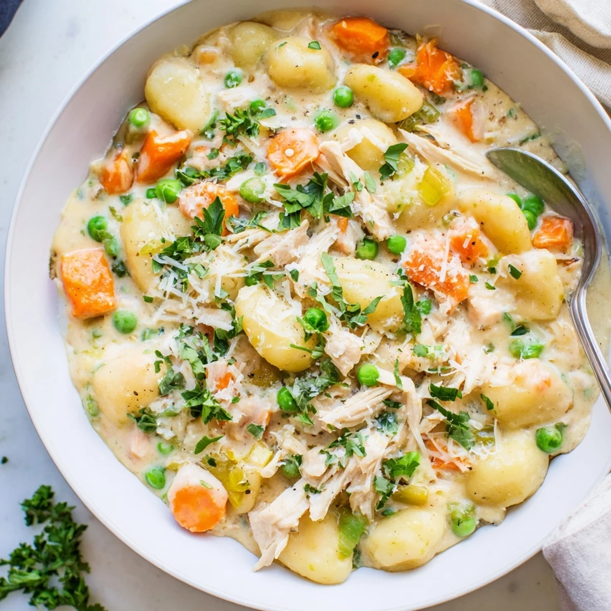 Creamy one pot gnocchi chicken pot pie in a rustic skillet with tender vegetables and golden sauce