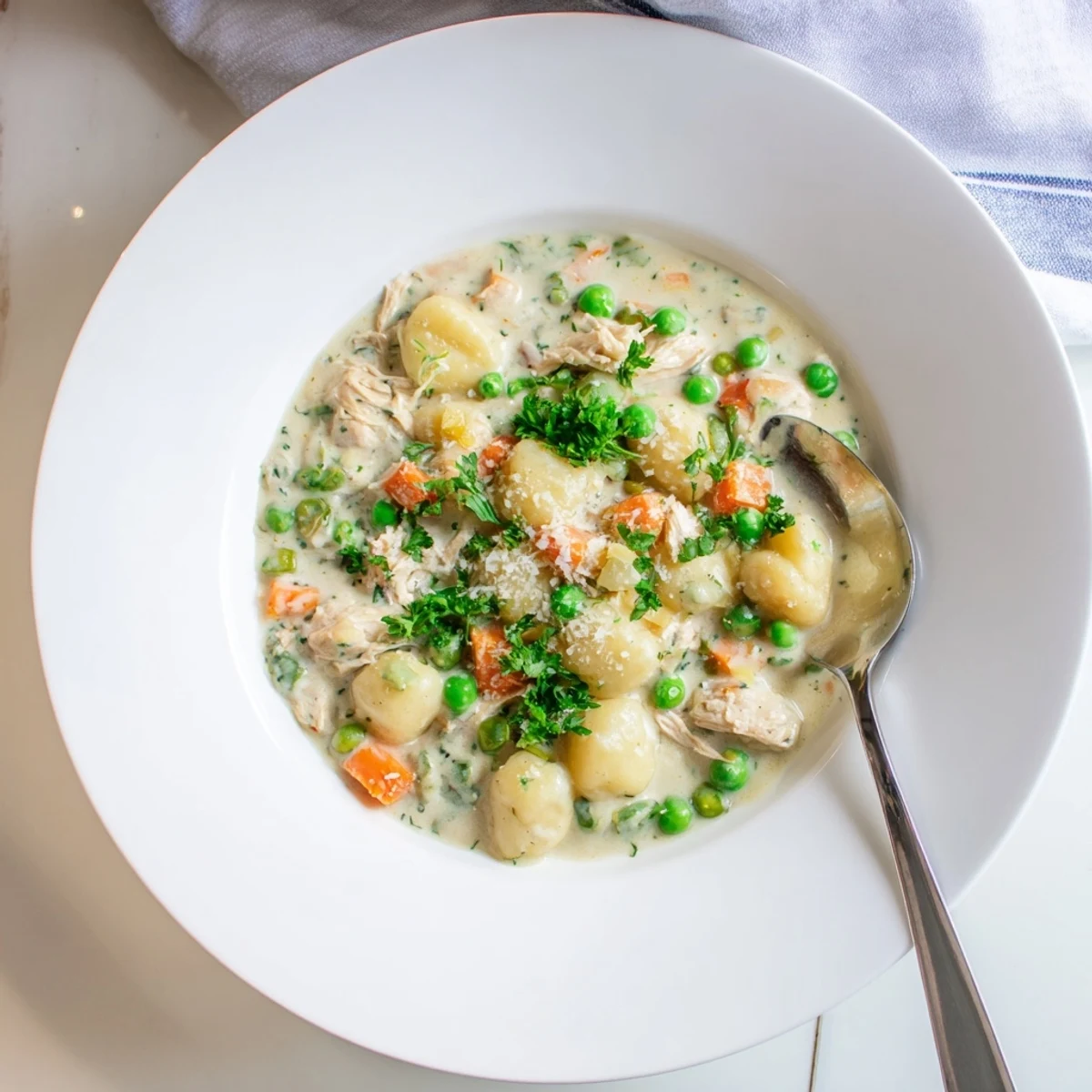 Pillowy gnocchi and shredded chicken nestled in savory herb gravy in a cast iron pan