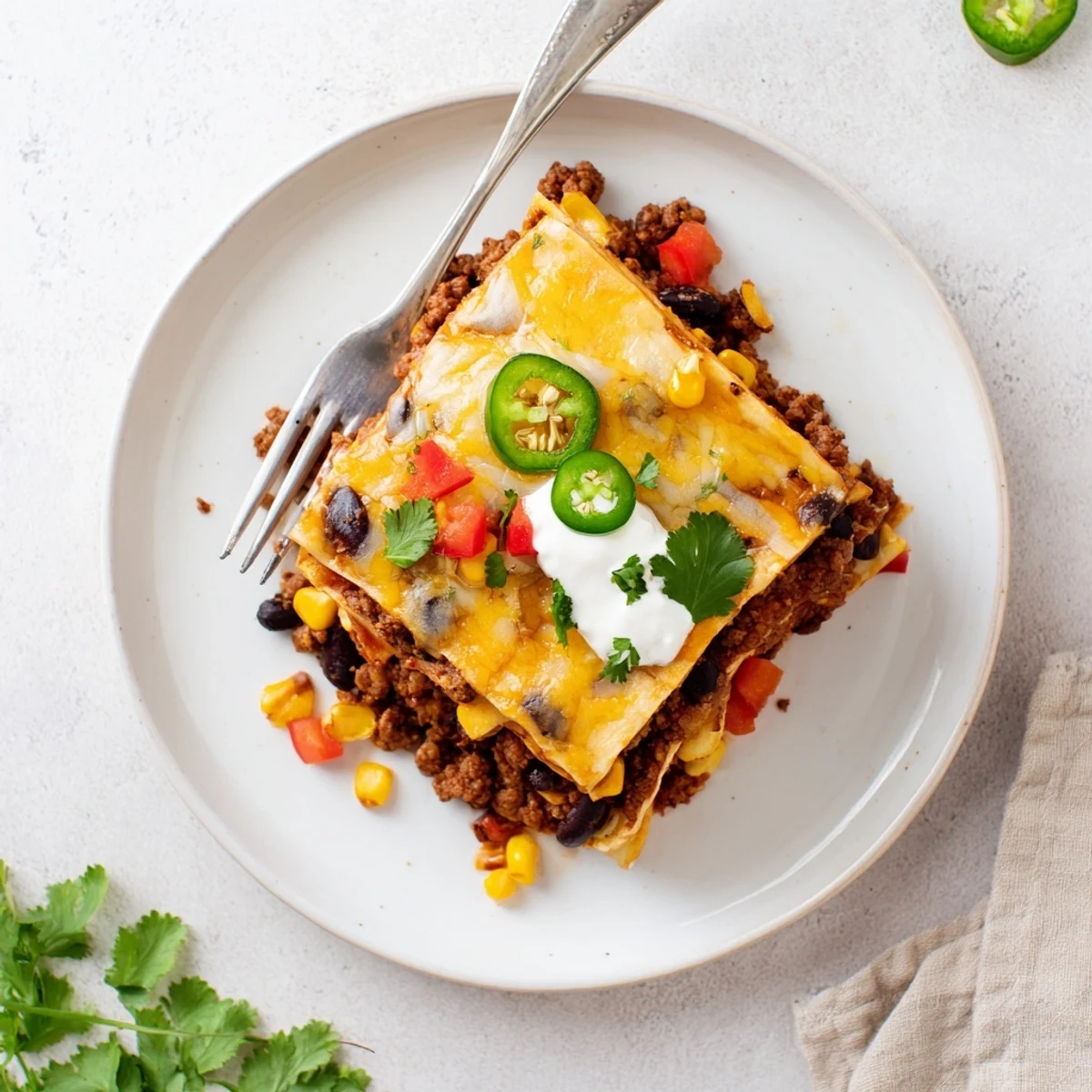 Golden Mexican lasagna with layers of tortillas, seasoned beef, beans, and melted cheese bubbling in casserole dish