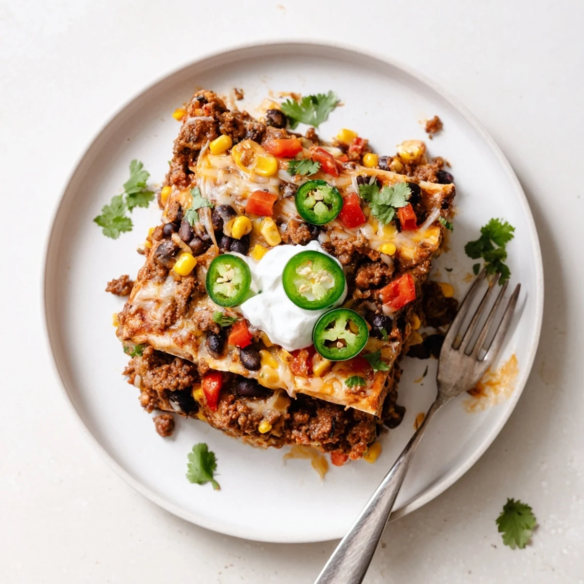 Mexican lasagna sliced square showing stacked tortilla layers with spicy beef, black beans, and gooey cheese