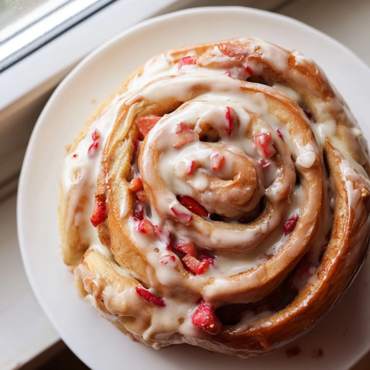 Golden strawberry cinnamon rolls drizzled with cream cheese glaze on a white plate