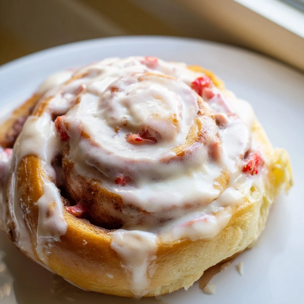 Fresh strawberry cinnamon rolls with swirled filling and creamy icing ready to serve