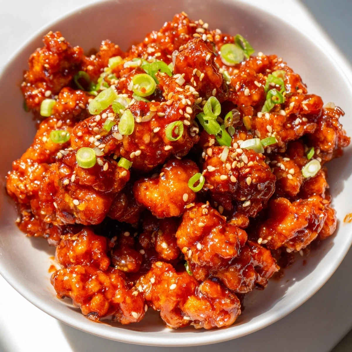 Spicy firecracker ground chicken bowls topped with crisp vegetables and sesame seeds