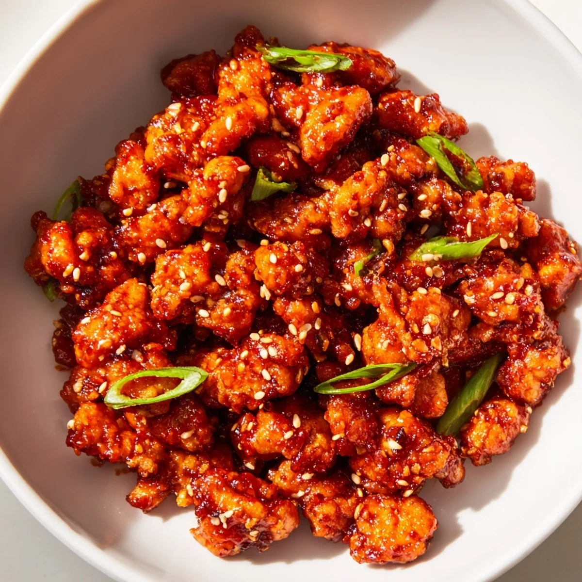 Firecracker ground chicken served over steamed rice with colorful bell peppers and cucumber