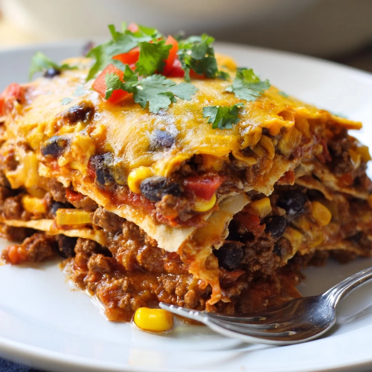 Baked Beef Enchilada Casserole with bubbling melted cheese and vibrant cilantro garnish