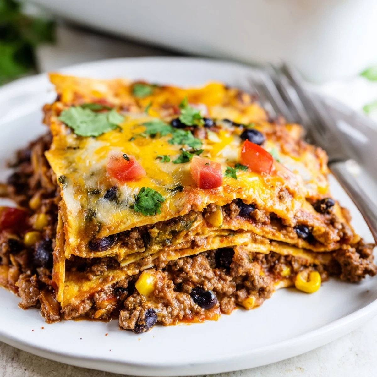 Golden cheesy slice of Baked Beef Enchilada Casserole on a white plate