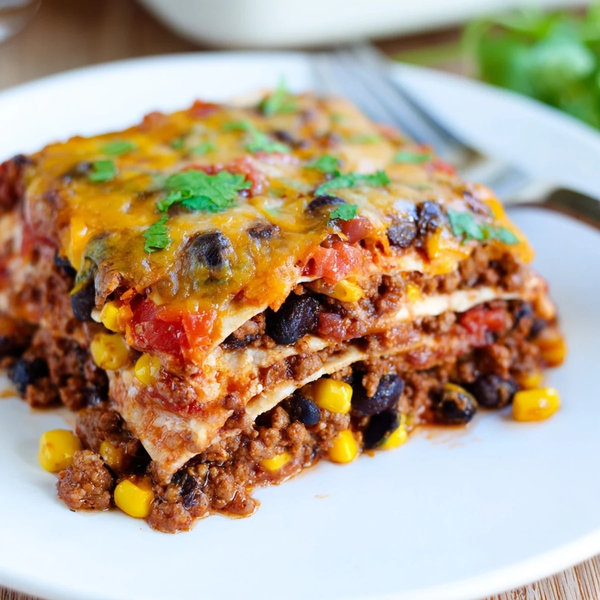 Baked Beef Enchilada Casserole layered with seasoned beef, corn tortillas, and rich red sauce