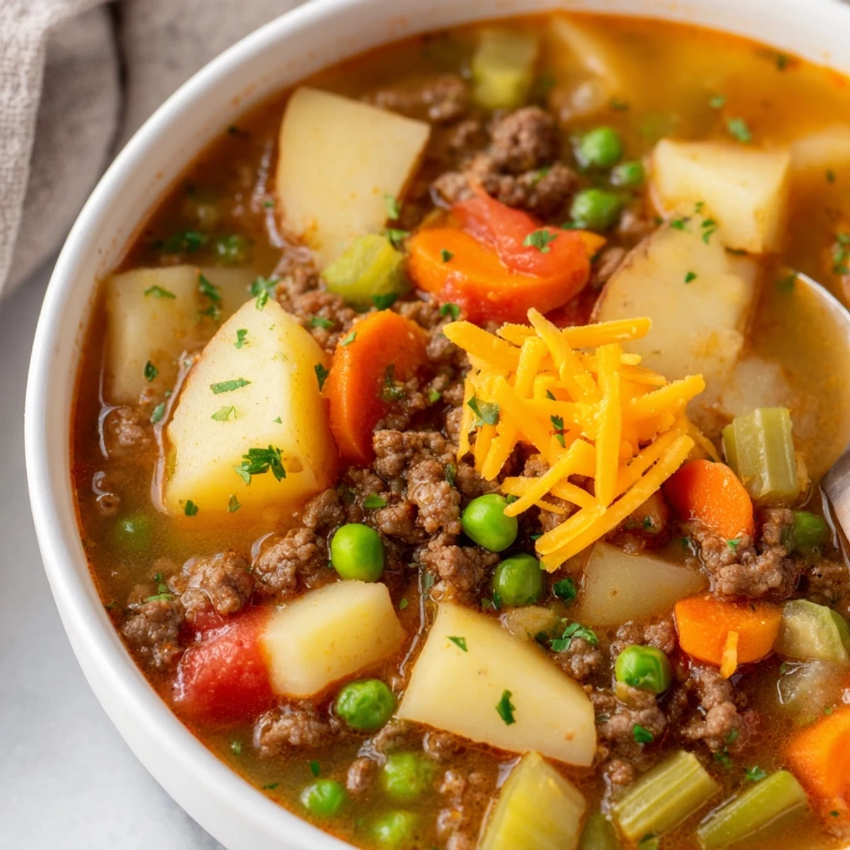 A steaming bowl of Homemade Ground Beef and Potato Soup topped with fresh parsley and melted cheddar cheese