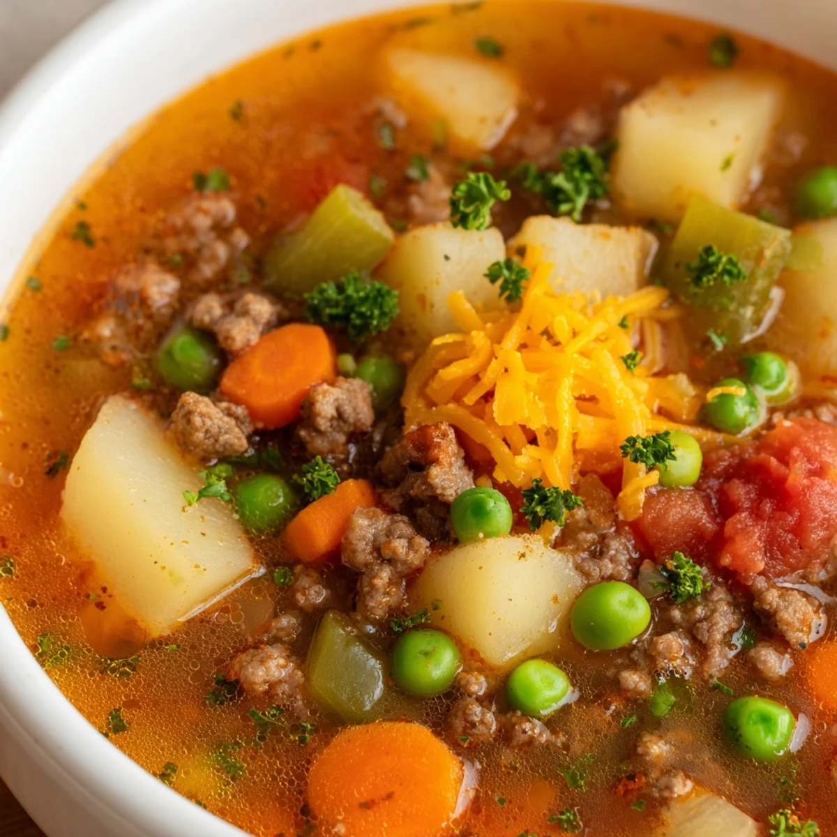 Thick chunks of tender potatoes and savory ground beef float in a rich tomato broth sprinkled with parsley