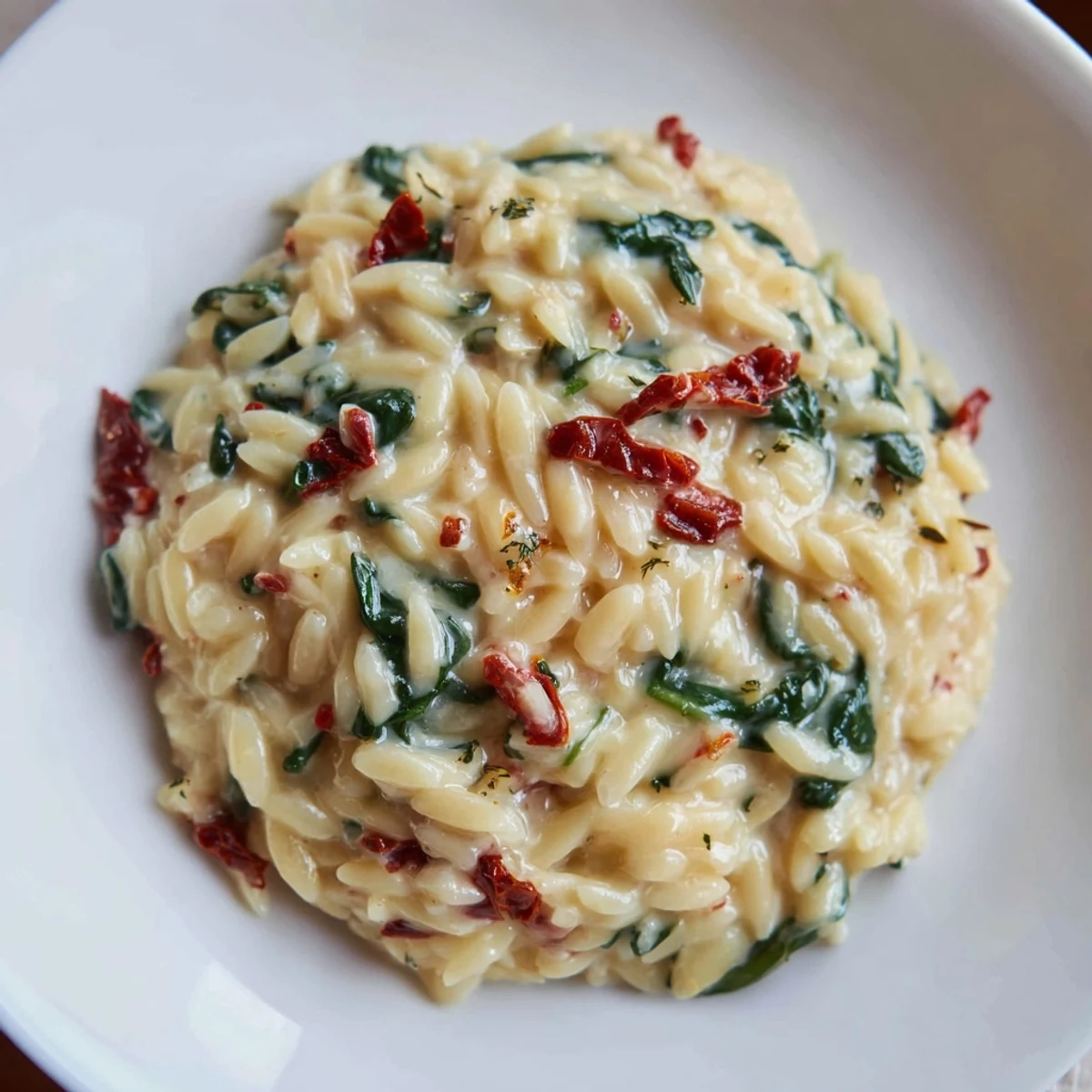 Creamy Tuscan orzo in a skillet with sun-dried tomatoes, spinach, and Parmesan sauce