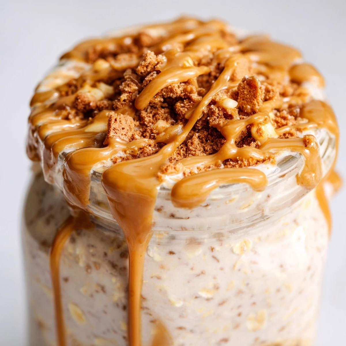 Spoon digging into Quick Biscoff Overnight Oats with melted drizzle and fresh berries