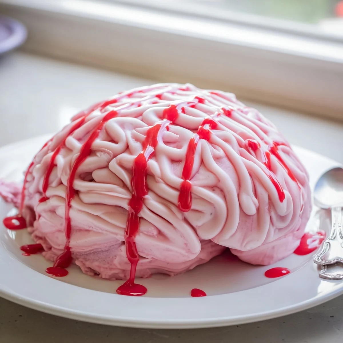 Creepy no bake strawberry cheesecake brain with pink chocolate folds and red coulis drizzle on a dark plate