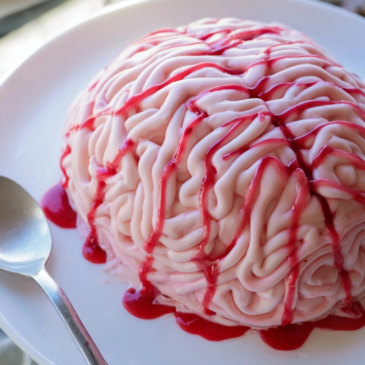 Spooky no bake strawberry cheesecake brain sliced open to reveal creamy pink filling and graham cracker crust