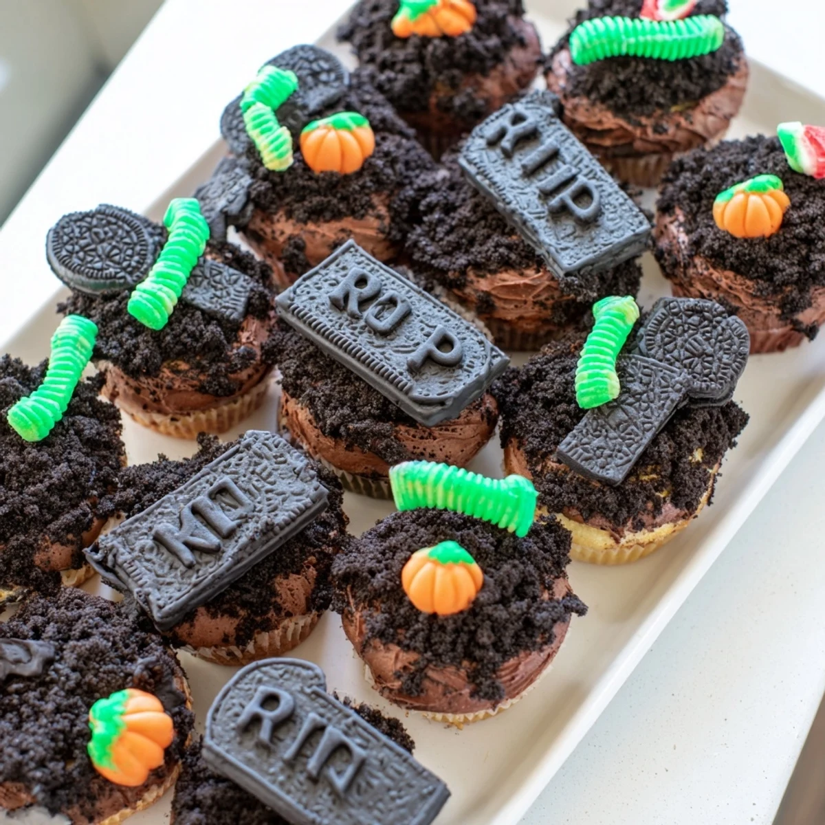 Chocolate pull apart graveyard cupcakes topped with crushed cookie dirt and gummy worms