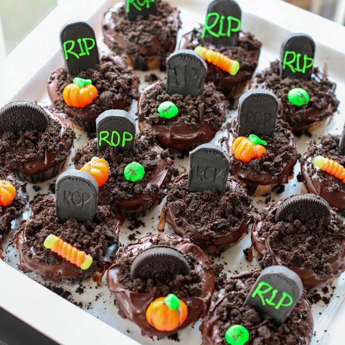 Frosted pull apart graveyard cupcakes decorated with cookie tombstones and candy pumpkins