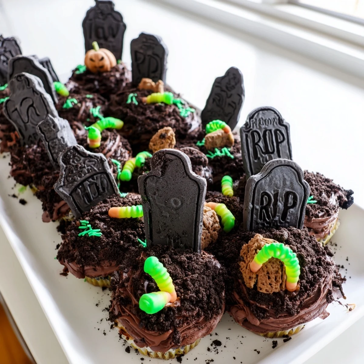 Spooky pull apart graveyard cupcakes arranged on a tray with edible tombstone decorations