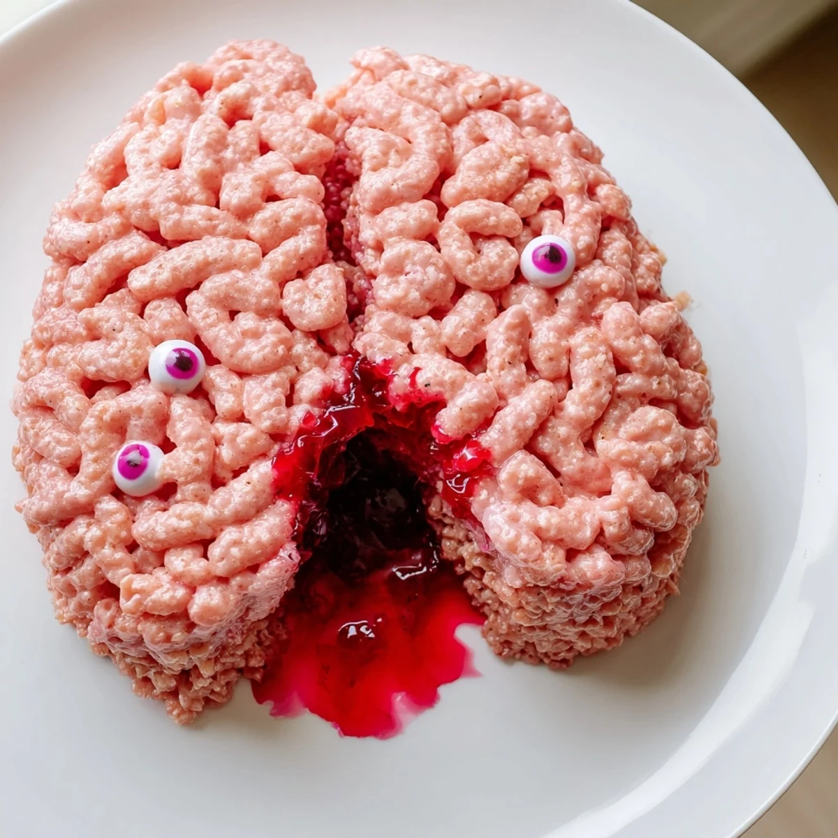 Spooky Stuffed Crispy Rice Cereal Brain oozing with red berry filling on a party platter