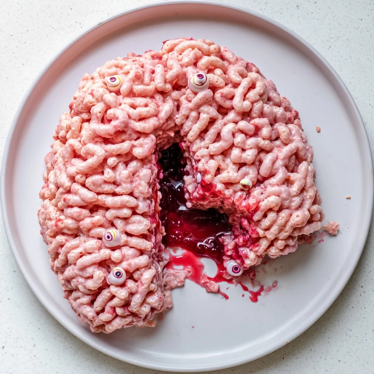 Pink Spooky Stuffed Crispy Rice Cereal Brain sliced open revealing gooey raspberry jam center
