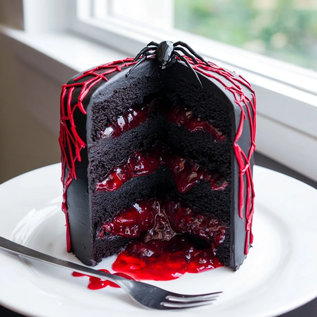 Dark Black Widow Cake with glossy ganache dripping over a hidden cherry center