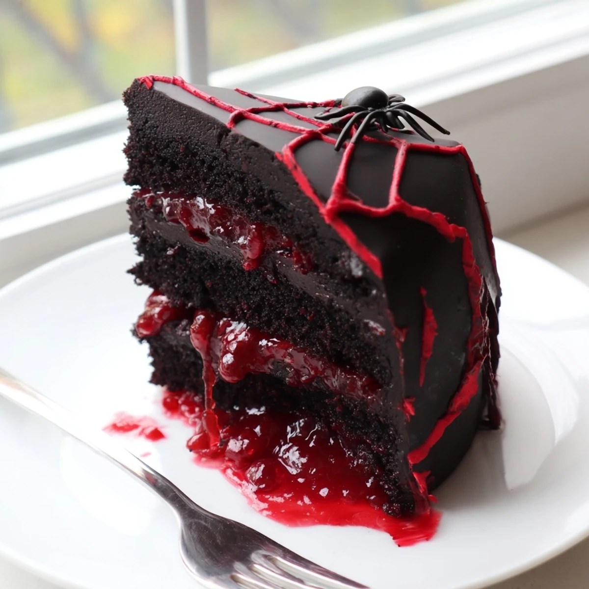 Spooky Black Widow Cake sliced open to reveal a rich red cherry compote filling