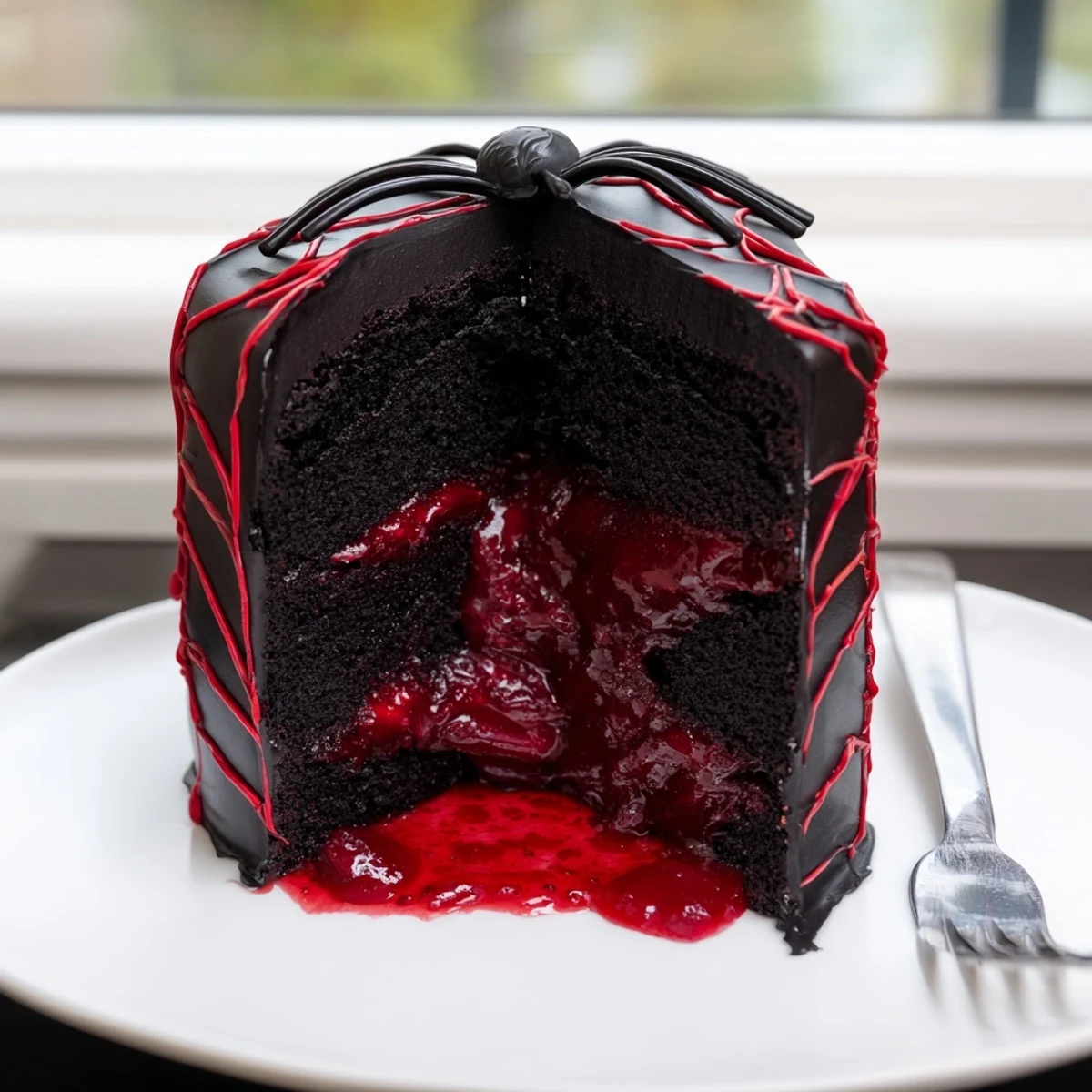 Decadent Black Widow Cake topped with black cocoa ganache and eerie red vein details