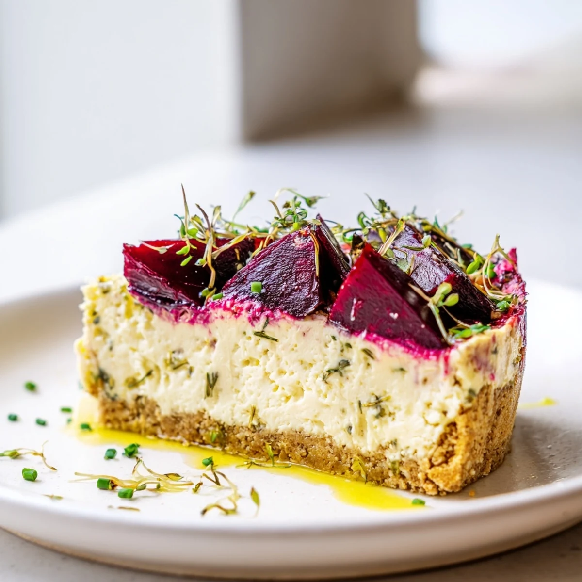 Creamy savory cheesecake topped with jewel-toned roasted beetroot and fresh herbs on a rustic plate