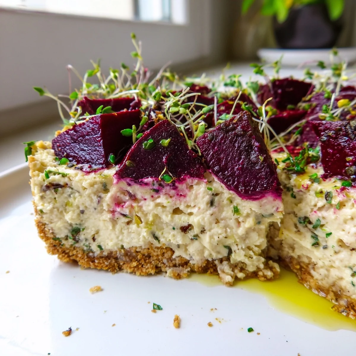 A golden savory cheesecake slice garnished with caramelized beetroot wedges, microgreens, and chives